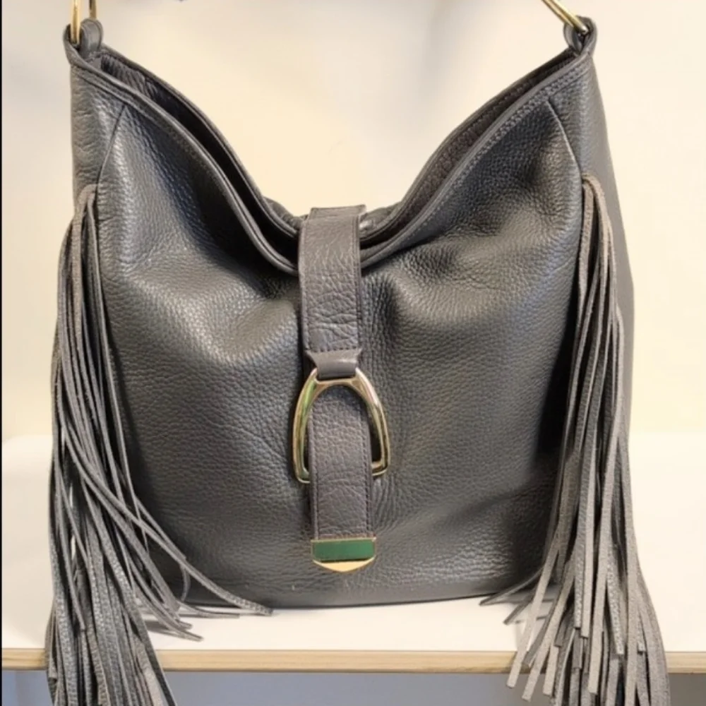G.I.L.I. Gray Leather Hobo Bag Side Fringe Boho Western Festival Shoulder Bag